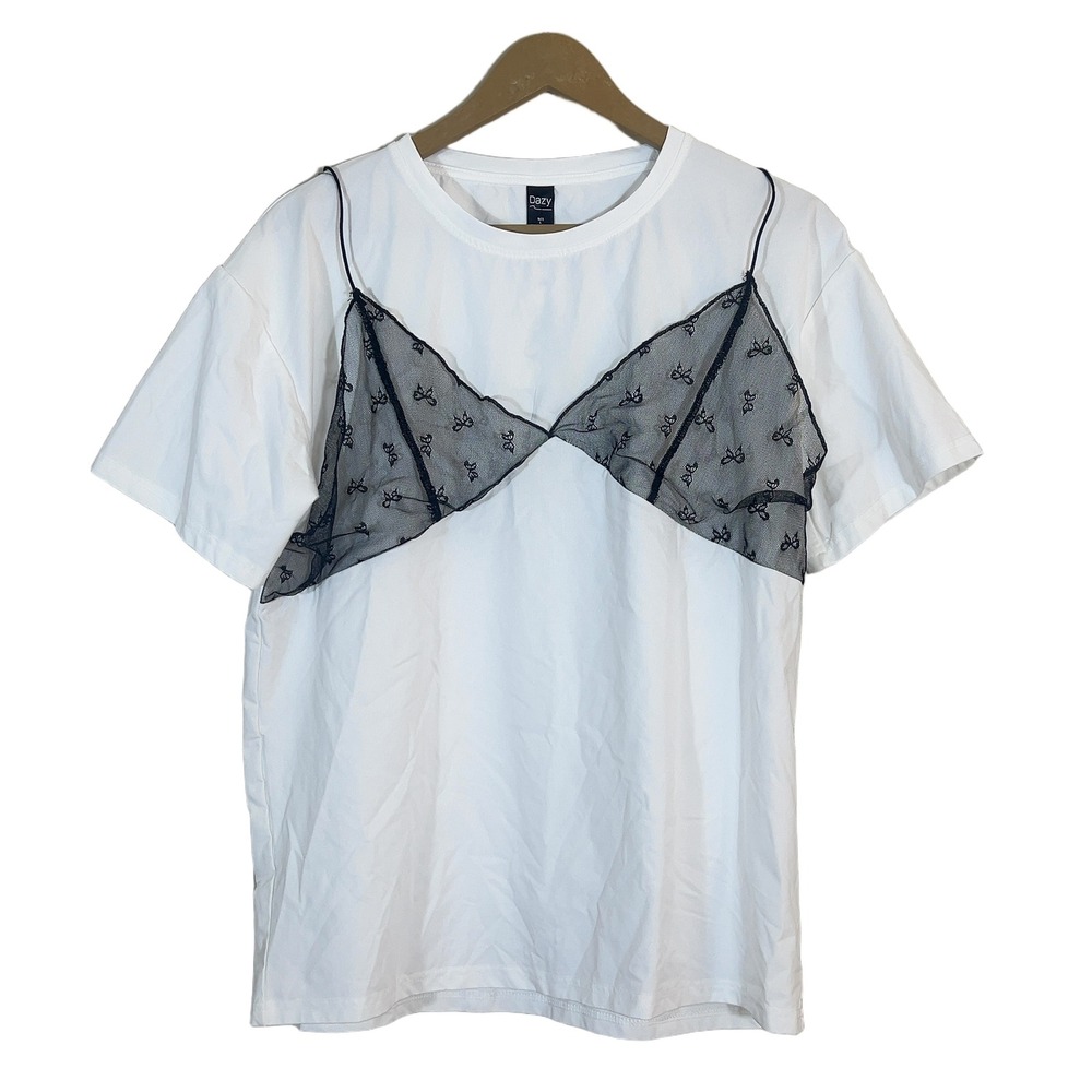 NWT Dazy Mesh Bow Overlay Short Sleeve Tee White Y2K Coquette Top Size L
